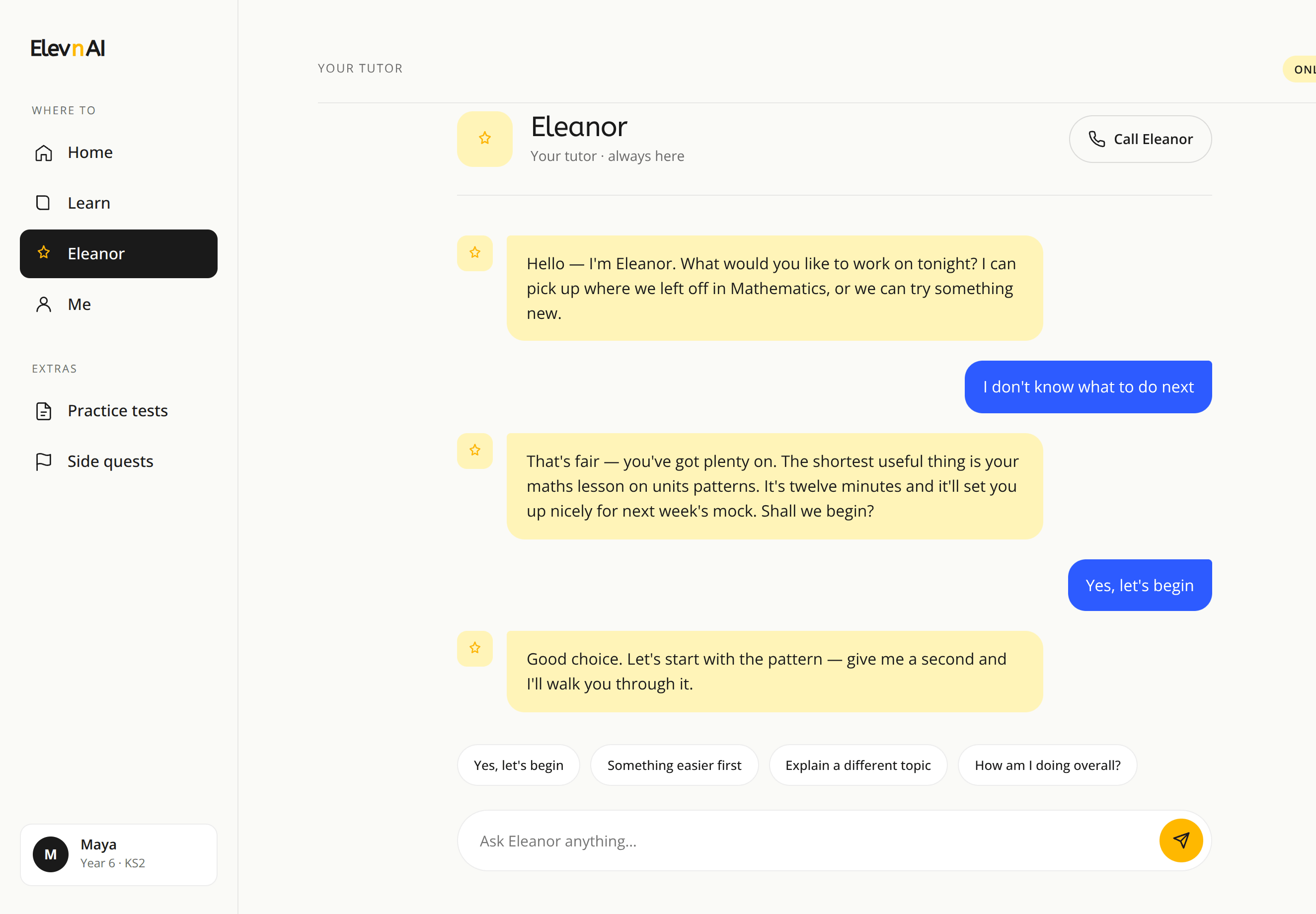 Screenshot of the ElevnAI app: Eleanor chatting with a Year 6 student, suggesting a twelve-minute maths lesson on units patterns, with quick replies and a Call Eleanor button.